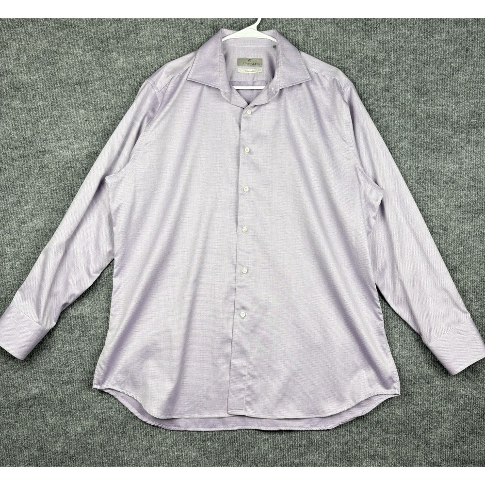 Canali Impeccabile Dress Shirt Mens 44 17.5 Lavender Micro Check Made Italy